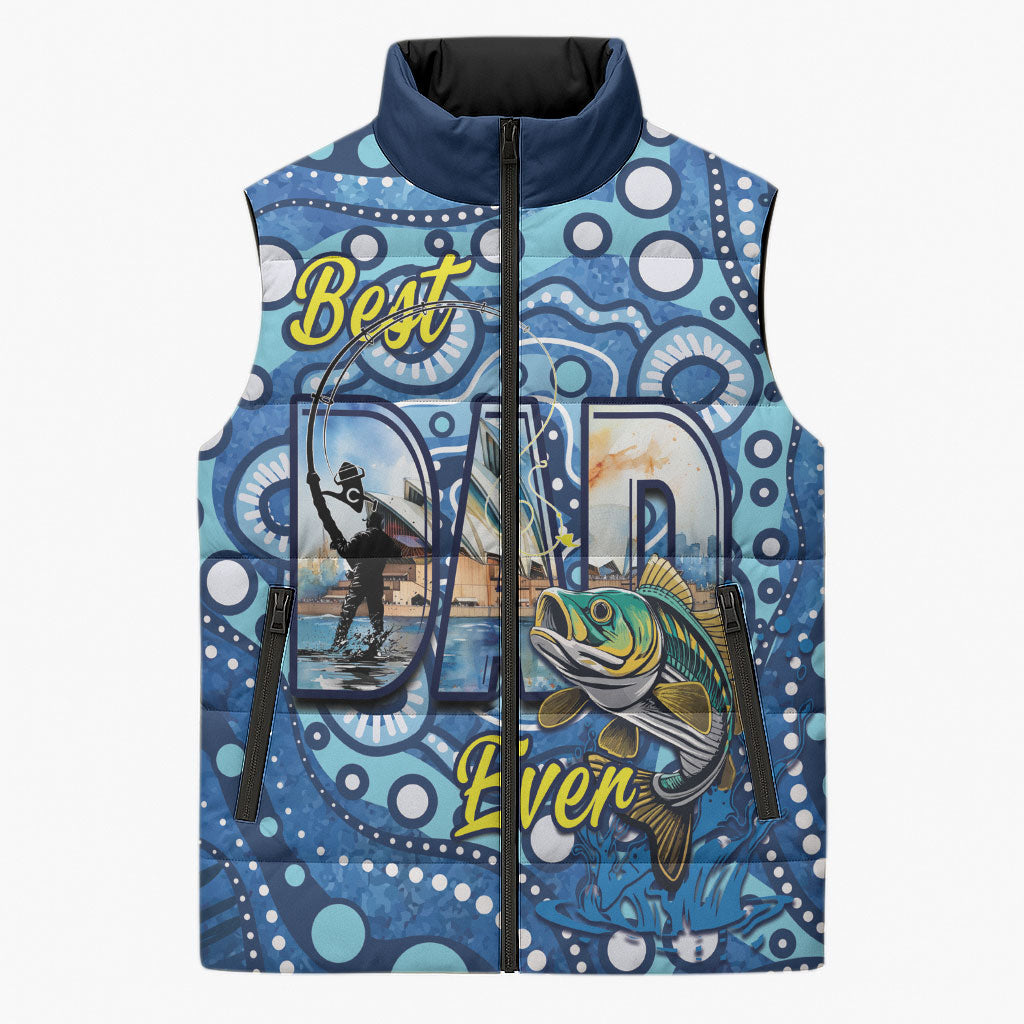 Personalised Australia Father's Day Sleeveless Puffer Jacket Aussie Fishing Best Dad Ever Aboriginal Pattern