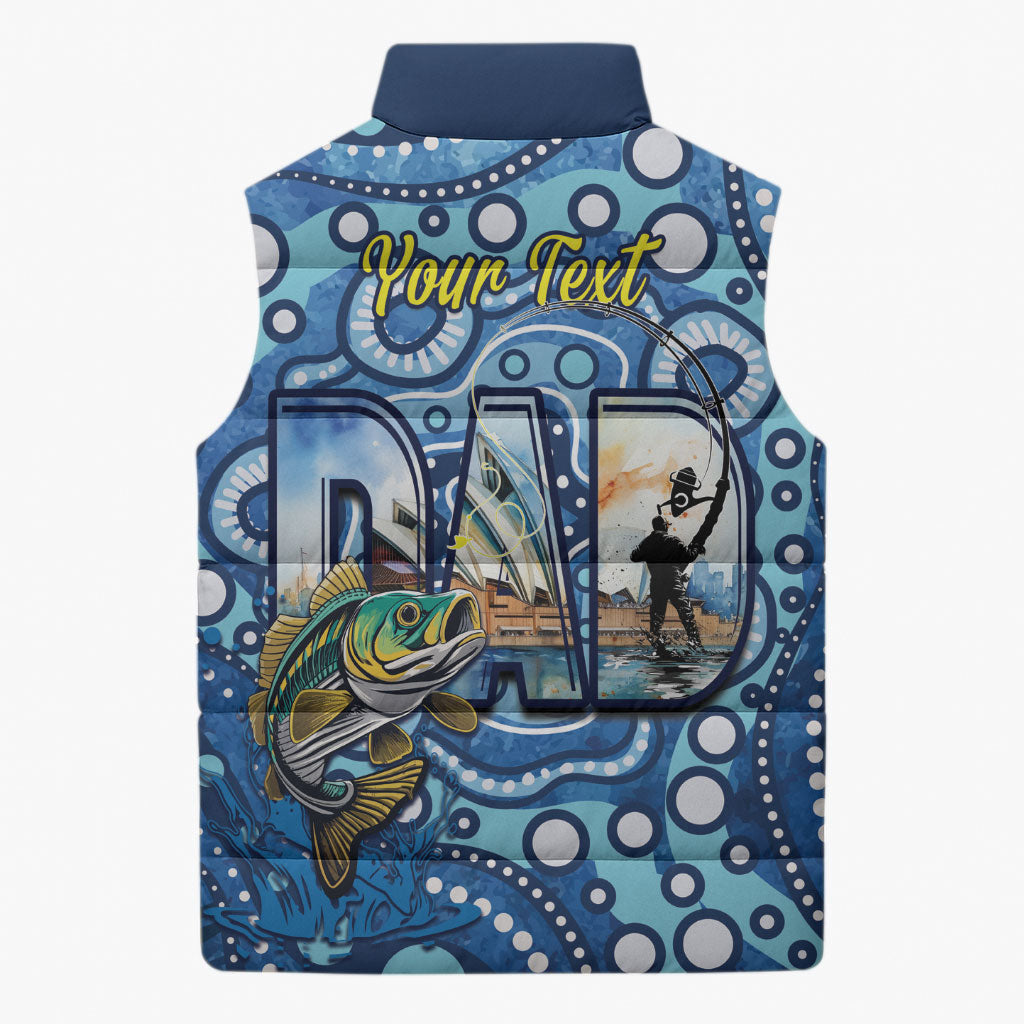 Personalised Australia Father's Day Sleeveless Puffer Jacket Aussie Fishing Best Dad Ever Aboriginal Pattern
