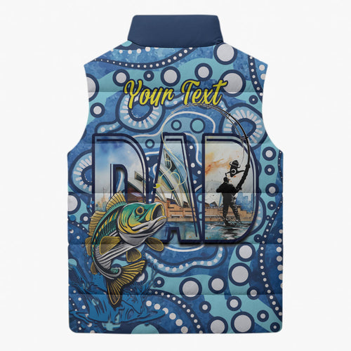 Personalised Australia Father's Day Sleeveless Puffer Jacket Aussie Fishing Best Dad Ever Aboriginal Pattern