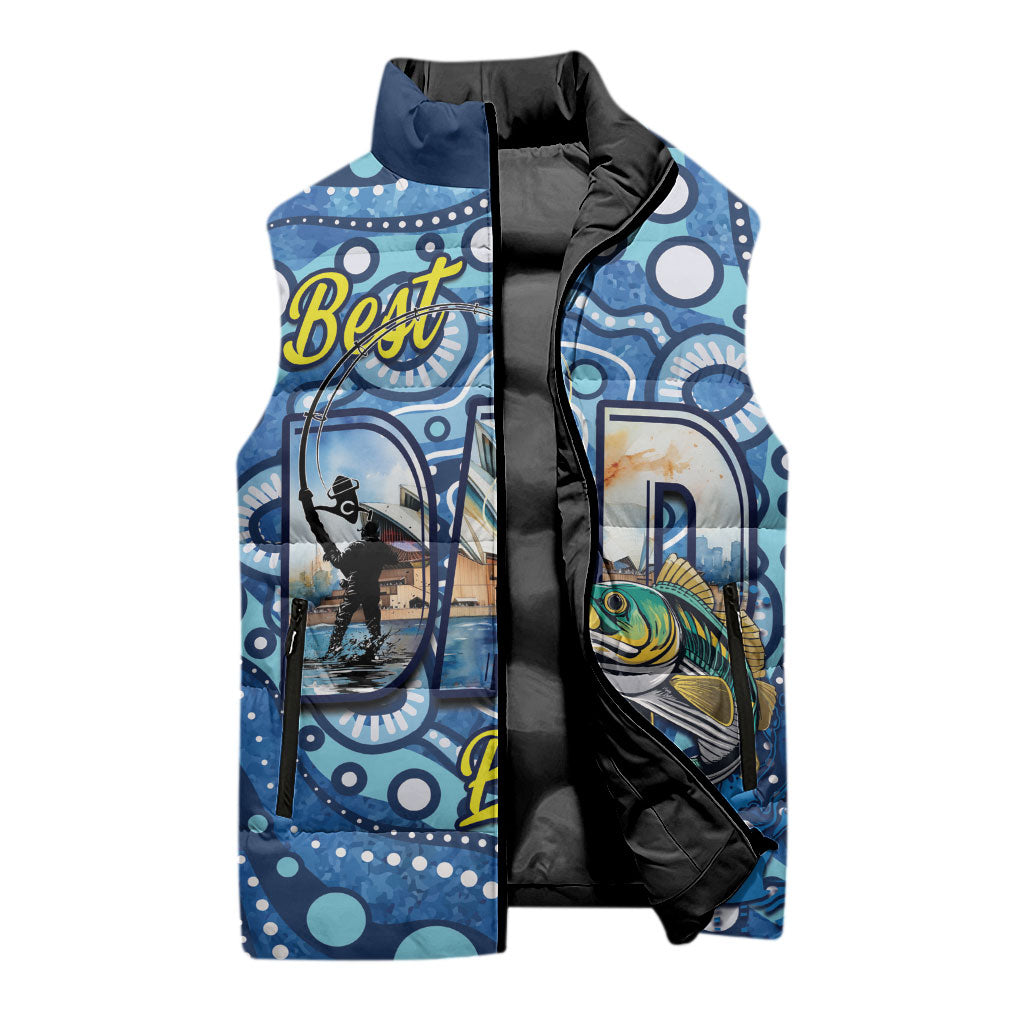 Personalised Australia Father's Day Sleeveless Puffer Jacket Aussie Fishing Best Dad Ever Aboriginal Pattern