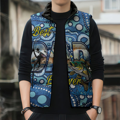 Personalised Australia Father's Day Sleeveless Puffer Jacket Aussie Fishing Best Dad Ever Aboriginal Pattern