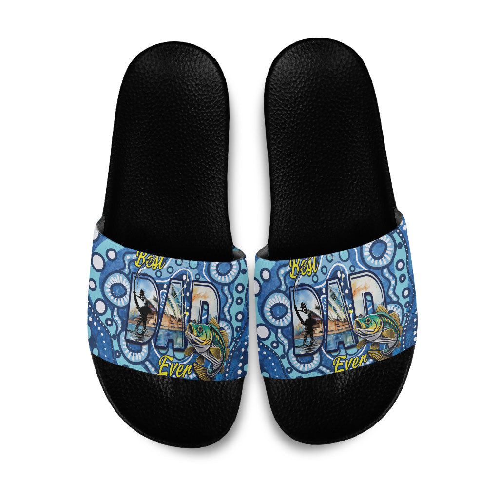 Australia Father's Day Slide Sandals Aussie Fishing Best Dad Ever Aboriginal Pattern