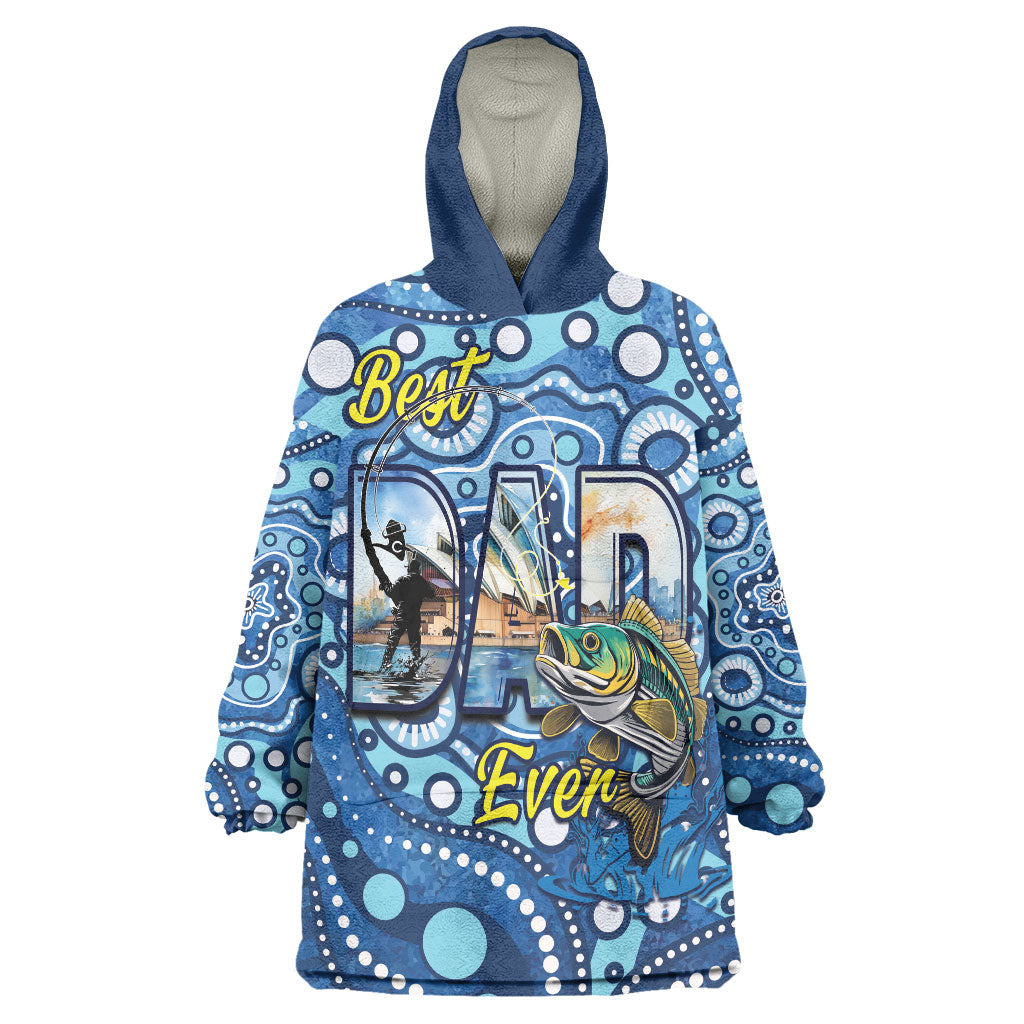 Personalised Australia Father's Day Wearable Blanket Hoodie Aussie Fishing Best Dad Ever Aboriginal Pattern