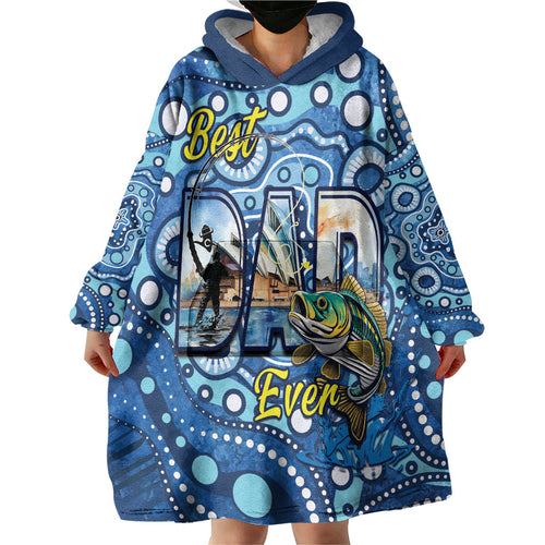 Personalised Australia Father's Day Wearable Blanket Hoodie Aussie Fishing Best Dad Ever Aboriginal Pattern