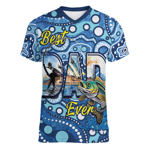 Personalised Australia Father's Day Women V-Neck T-Shirt Aussie Fishing Best Dad Ever Aboriginal Pattern