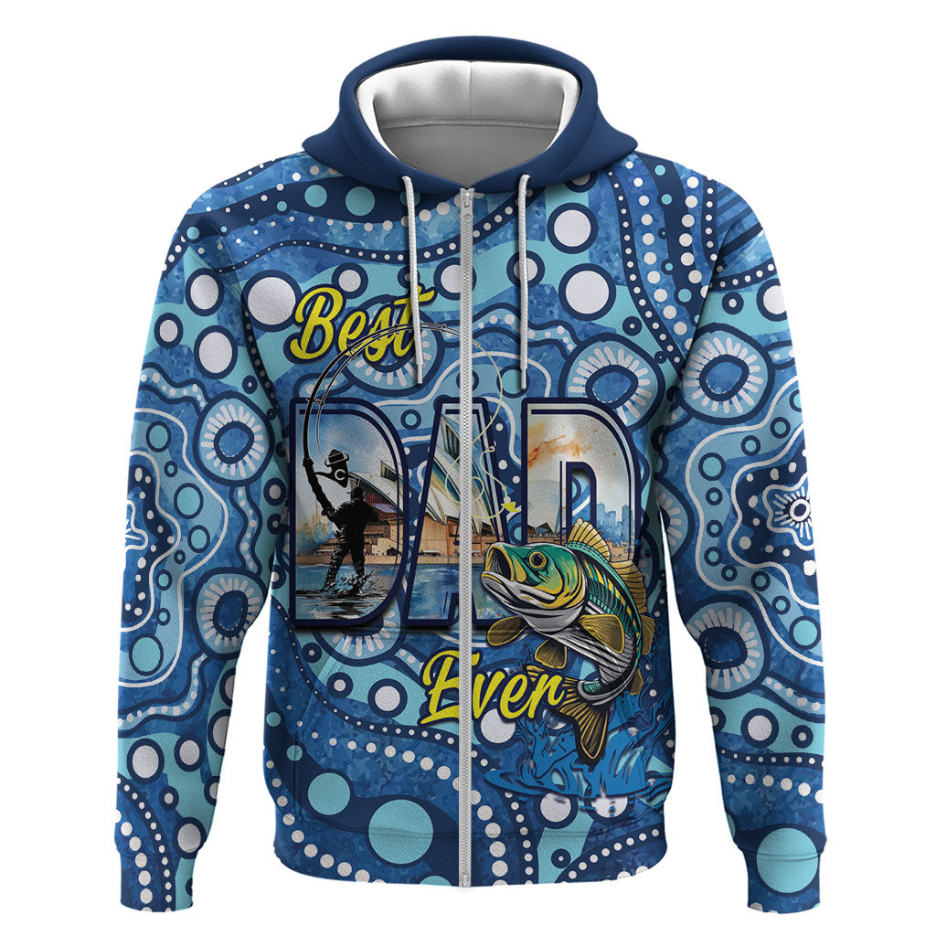 Personalised Australia Father's Day Zip Hoodie Aussie Fishing Best Dad Ever Aboriginal Pattern