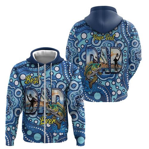 Personalised Australia Father's Day Zip Hoodie Aussie Fishing Best Dad Ever Aboriginal Pattern