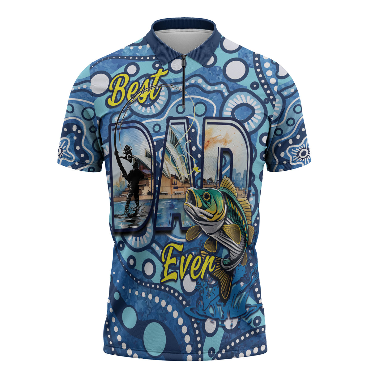 Personalised Australia Father's Day Zipper Polo Shirt Aussie Fishing Best Dad Ever Aboriginal Pattern