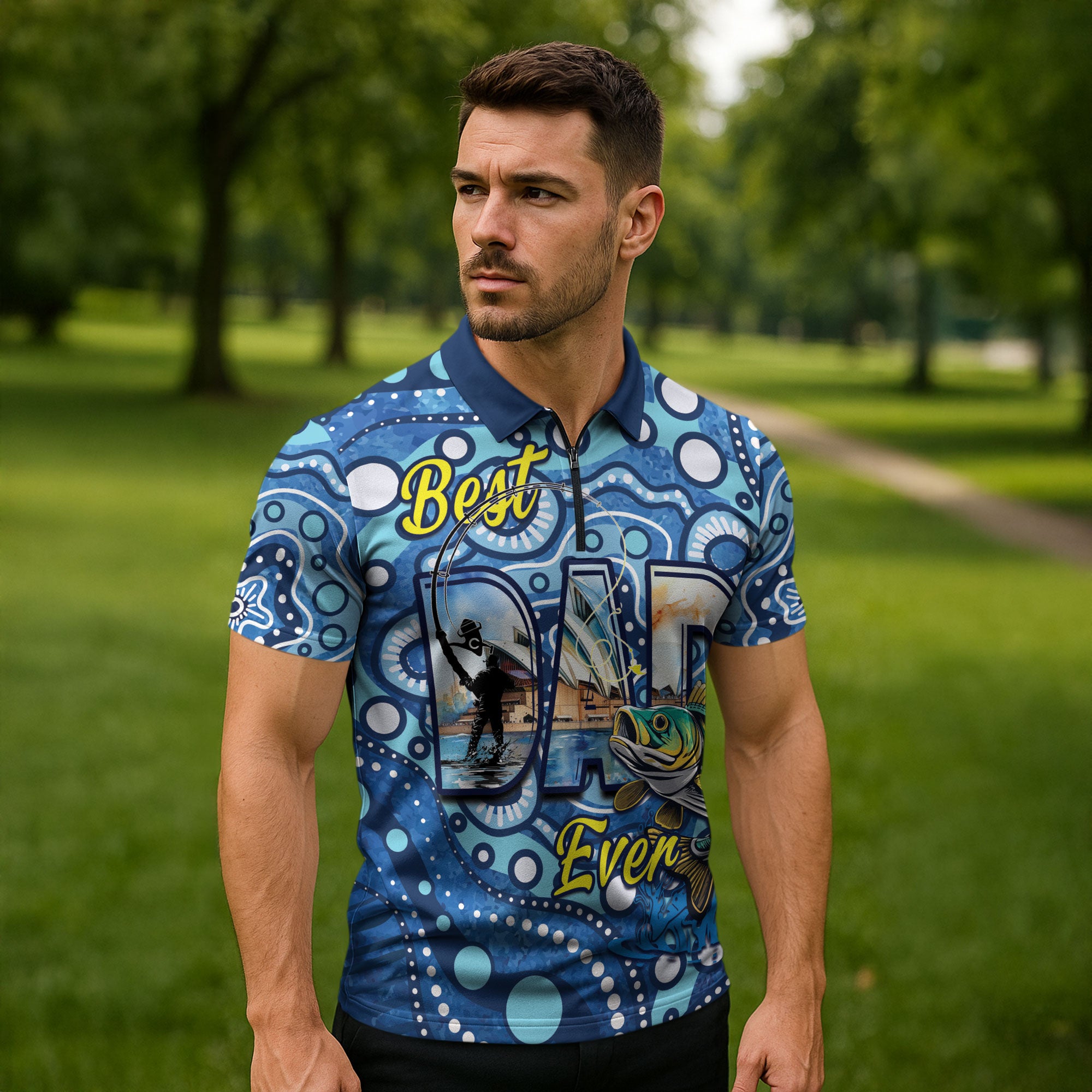 Personalised Australia Father's Day Zipper Polo Shirt Aussie Fishing Best Dad Ever Aboriginal Pattern