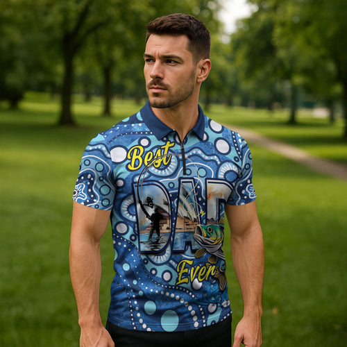 Personalised Australia Father's Day Zipper Polo Shirt Aussie Fishing Best Dad Ever Aboriginal Pattern