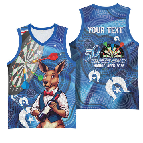 Darts NAIDOC Week 2026 Personalised Basketball Jersey Australia Flag Kangaroo Dhari Aboriginal Art