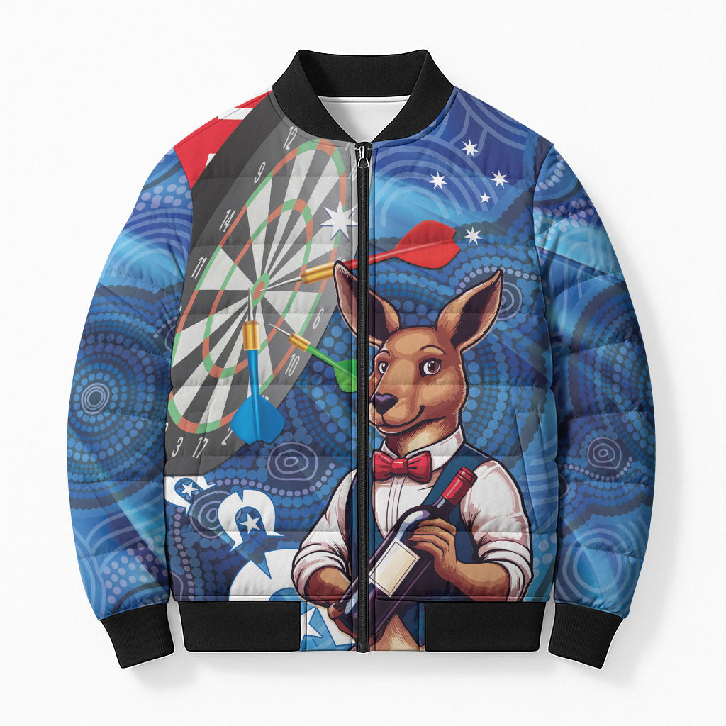 Darts NAIDOC Week 2026 Personalised Bomber Puffer Jacket Australia Flag Kangaroo Dhari Aboriginal Art