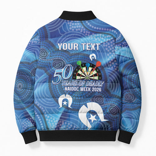 Darts NAIDOC Week 2026 Personalised Bomber Puffer Jacket Australia Flag Kangaroo Dhari Aboriginal Art
