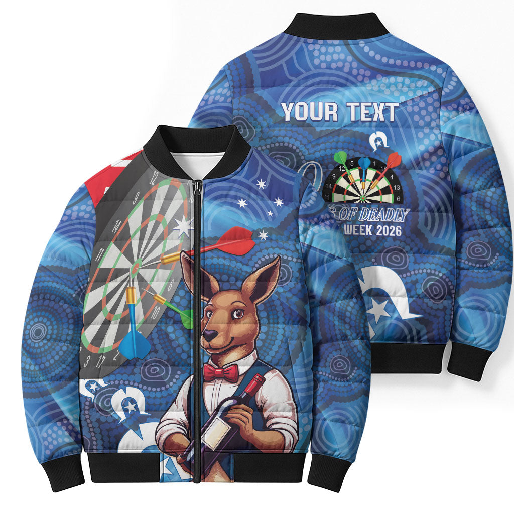 Darts NAIDOC Week 2026 Personalised Bomber Puffer Jacket Australia Flag Kangaroo Dhari Aboriginal Art