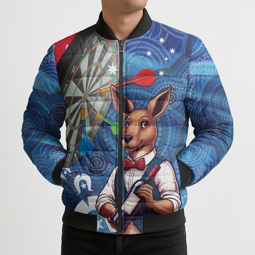 Darts NAIDOC Week 2026 Personalised Bomber Puffer Jacket Australia Flag Kangaroo Dhari Aboriginal Art