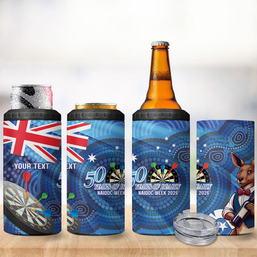 Darts NAIDOC Week 2026 Personalised 4 in 1 Can Cooler Tumbler Australia Flag Kangaroo Dhari Aboriginal Art