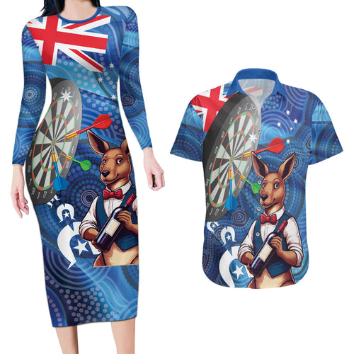 Darts NAIDOC Week 2026 Personalised Couples Matching Long Sleeve Bodycon Dress and Hawaiian Shirt Australia Flag Kangaroo Dhari Aboriginal Art