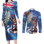 Darts NAIDOC Week 2026 Personalised Couples Matching Long Sleeve Bodycon Dress and Long Sleeve Button Shirt Australia Flag Kangaroo Dhari Aboriginal Art