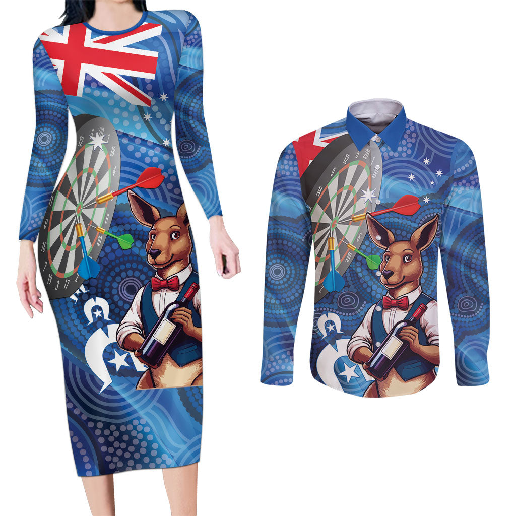 Darts NAIDOC Week 2026 Personalised Couples Matching Long Sleeve Bodycon Dress and Long Sleeve Button Shirt Australia Flag Kangaroo Dhari Aboriginal Art