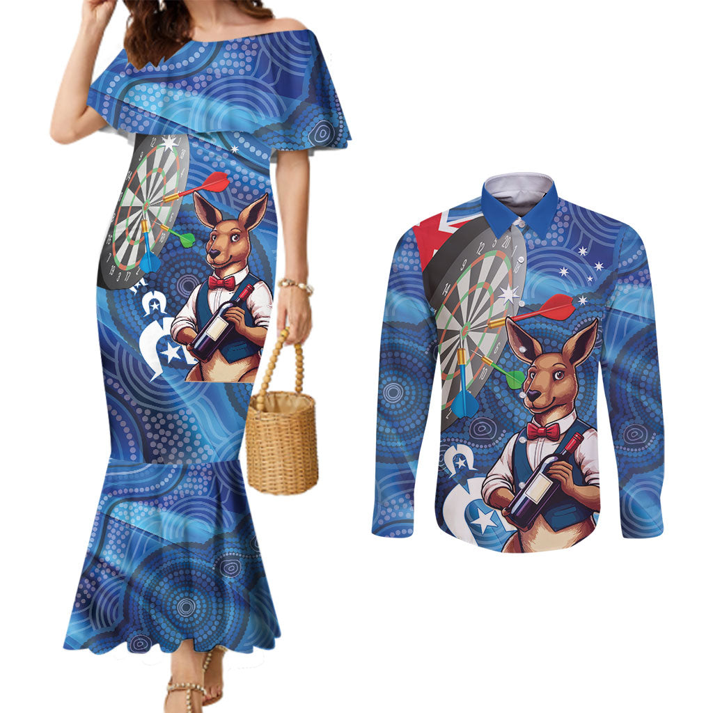 Darts NAIDOC Week 2026 Personalised Couples Matching Mermaid Dress and Long Sleeve Button Shirt Australia Flag Kangaroo Dhari Aboriginal Art