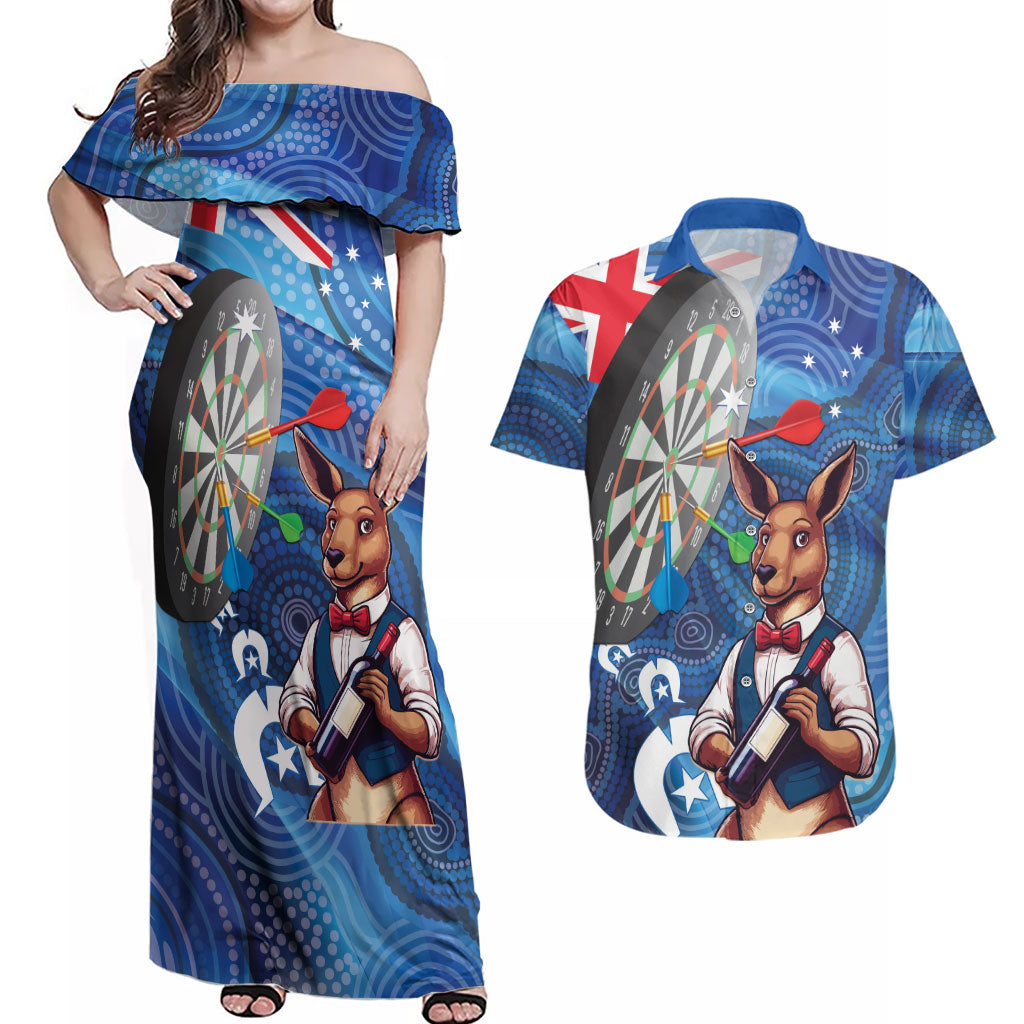 Darts NAIDOC Week 2026 Personalised Couples Matching Off Shoulder Maxi Dress and Hawaiian Shirt Australia Flag Kangaroo Dhari Aboriginal Art