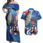Darts NAIDOC Week 2026 Personalised Couples Matching Off Shoulder Maxi Dress and Hawaiian Shirt Australia Flag Kangaroo Dhari Aboriginal Art
