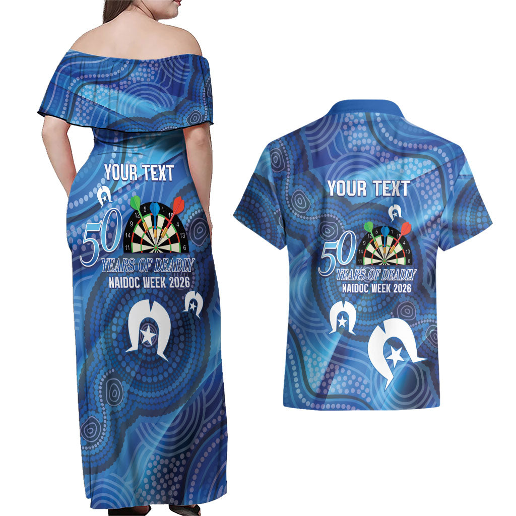 Darts NAIDOC Week 2026 Personalised Couples Matching Off Shoulder Maxi Dress and Hawaiian Shirt Australia Flag Kangaroo Dhari Aboriginal Art