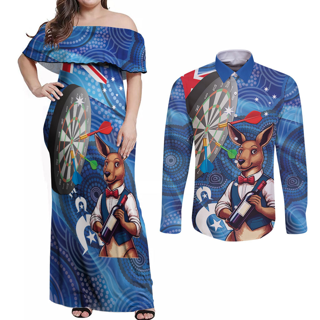 Darts NAIDOC Week 2026 Personalised Couples Matching Off Shoulder Maxi Dress and Long Sleeve Button Shirt Australia Flag Kangaroo Dhari Aboriginal Art