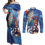 Darts NAIDOC Week 2026 Personalised Couples Matching Off Shoulder Maxi Dress and Long Sleeve Button Shirt Australia Flag Kangaroo Dhari Aboriginal Art