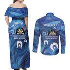 Darts NAIDOC Week 2026 Personalised Couples Matching Off Shoulder Maxi Dress and Long Sleeve Button Shirt Australia Flag Kangaroo Dhari Aboriginal Art