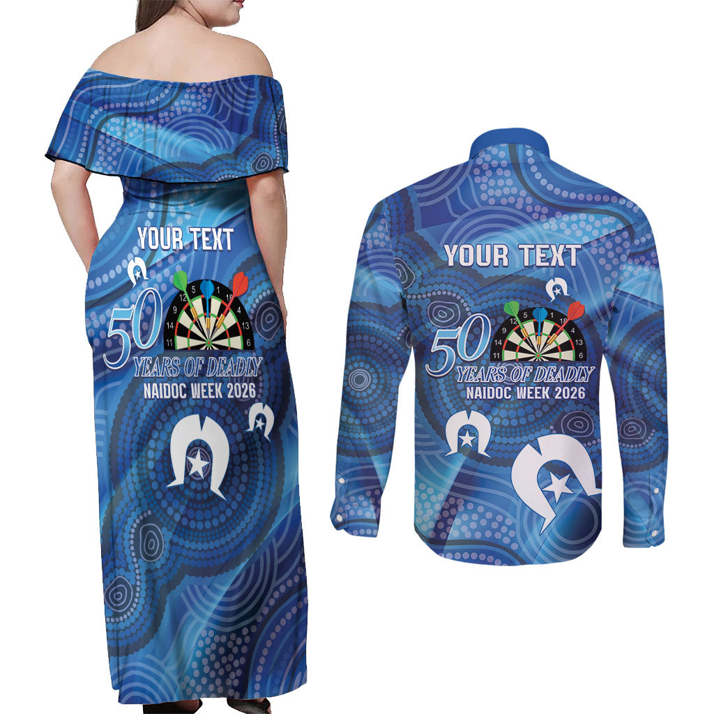 Darts NAIDOC Week 2026 Personalised Couples Matching Off Shoulder Maxi Dress and Long Sleeve Button Shirt Australia Flag Kangaroo Dhari Aboriginal Art