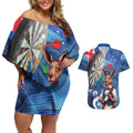 Darts NAIDOC Week 2026 Personalised Couples Matching Off Shoulder Short Dress and Hawaiian Shirt Australia Flag Kangaroo Dhari Aboriginal Art