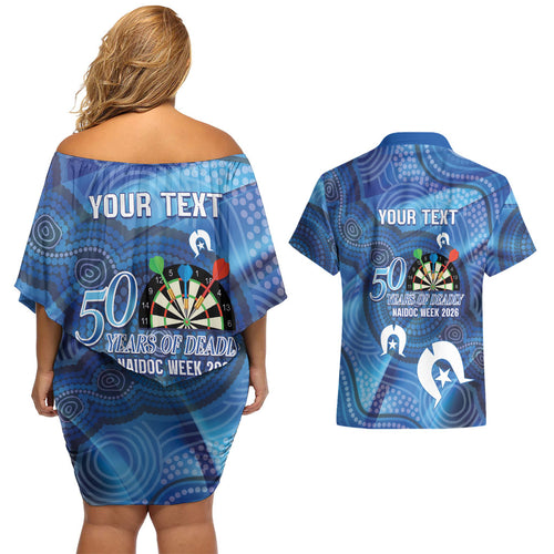 Darts NAIDOC Week 2026 Personalised Couples Matching Off Shoulder Short Dress and Hawaiian Shirt Australia Flag Kangaroo Dhari Aboriginal Art