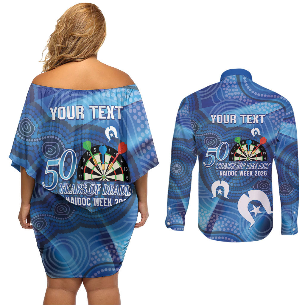 Darts NAIDOC Week 2026 Personalised Couples Matching Off Shoulder Short Dress and Long Sleeve Button Shirt Australia Flag Kangaroo Dhari Aboriginal Art