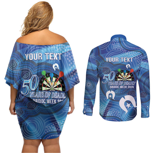 Darts NAIDOC Week 2026 Personalised Couples Matching Off Shoulder Short Dress and Long Sleeve Button Shirt Australia Flag Kangaroo Dhari Aboriginal Art