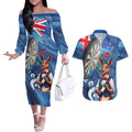 Darts NAIDOC Week 2026 Personalised Couples Matching Off The Shoulder Long Sleeve Dress and Hawaiian Shirt Australia Flag Kangaroo Dhari Aboriginal Art