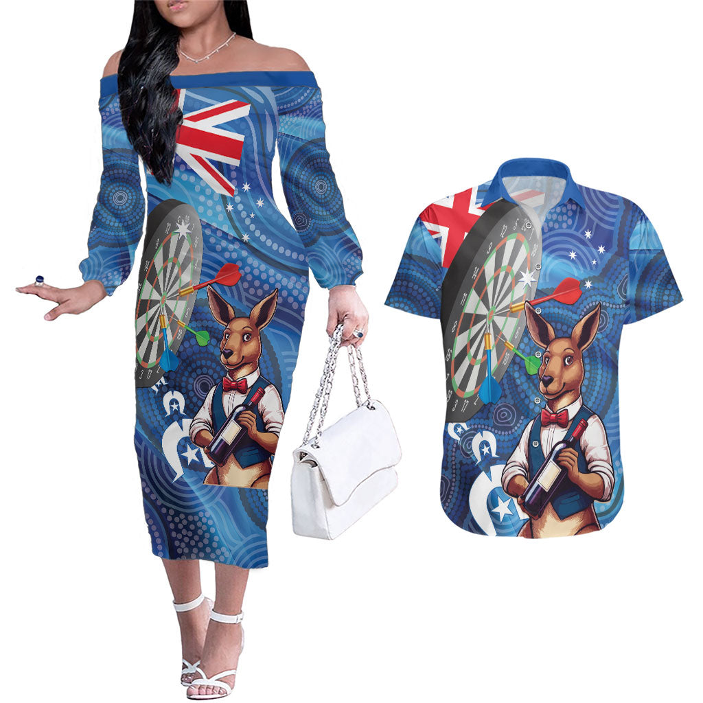 Darts NAIDOC Week 2026 Personalised Couples Matching Off The Shoulder Long Sleeve Dress and Hawaiian Shirt Australia Flag Kangaroo Dhari Aboriginal Art
