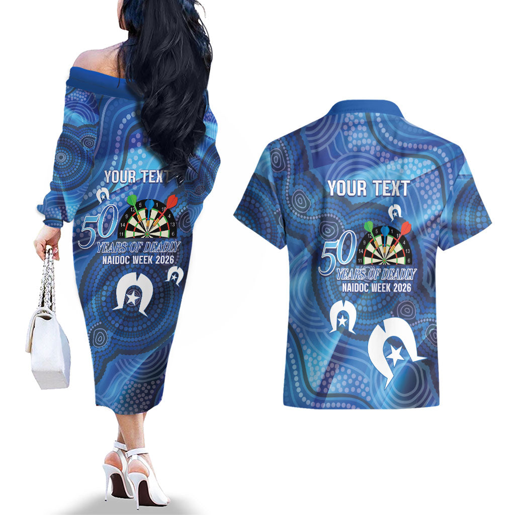 Darts NAIDOC Week 2026 Personalised Couples Matching Off The Shoulder Long Sleeve Dress and Hawaiian Shirt Australia Flag Kangaroo Dhari Aboriginal Art