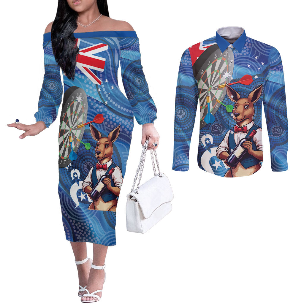 Darts NAIDOC Week 2026 Personalised Couples Matching Off The Shoulder Long Sleeve Dress and Long Sleeve Button Shirt Australia Flag Kangaroo Dhari Aboriginal Art