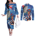 Darts NAIDOC Week 2026 Personalised Couples Matching Off The Shoulder Long Sleeve Dress and Long Sleeve Button Shirt Australia Flag Kangaroo Dhari Aboriginal Art