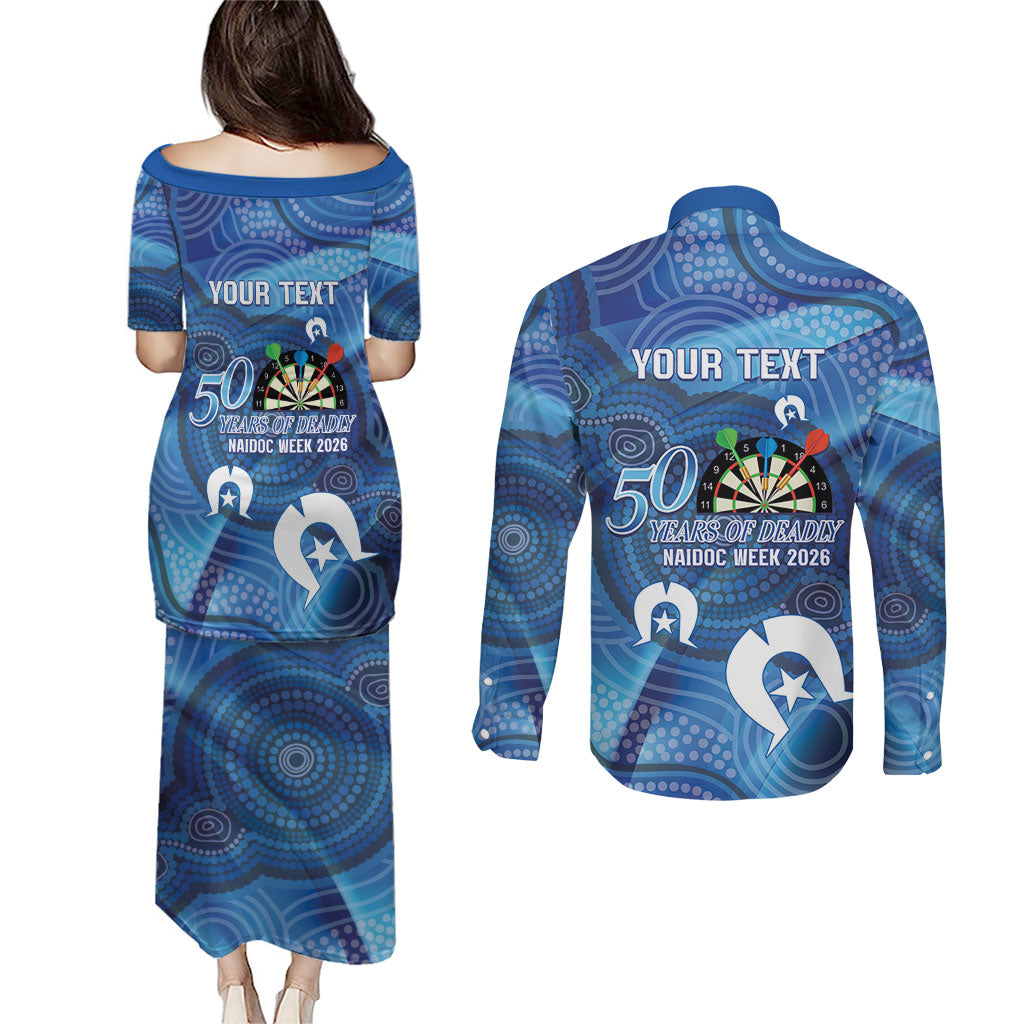 Darts NAIDOC Week 2026 Personalised Couples Matching Puletasi and Long Sleeve Button Shirt Australia Flag Kangaroo Dhari Aboriginal Art