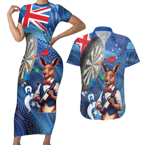 Darts NAIDOC Week 2026 Personalised Couples Matching Short Sleeve Bodycon Dress and Hawaiian Shirt Australia Flag Kangaroo Dhari Aboriginal Art