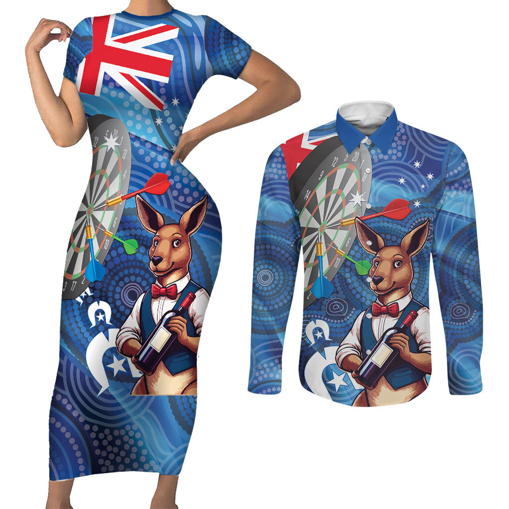 Darts NAIDOC Week 2026 Personalised Couples Matching Short Sleeve Bodycon Dress and Long Sleeve Button Shirt Australia Flag Kangaroo Dhari Aboriginal Art