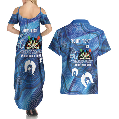 Darts NAIDOC Week 2026 Personalised Couples Matching Summer Maxi Dress and Hawaiian Shirt Australia Flag Kangaroo Dhari Aboriginal Art