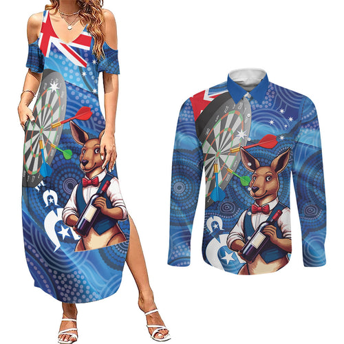 Darts NAIDOC Week 2026 Personalised Couples Matching Summer Maxi Dress and Long Sleeve Button Shirt Australia Flag Kangaroo Dhari Aboriginal Art