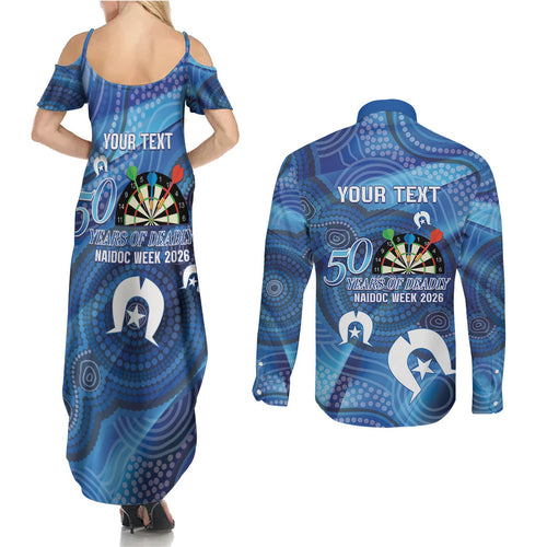 Darts NAIDOC Week 2026 Personalised Couples Matching Summer Maxi Dress and Long Sleeve Button Shirt Australia Flag Kangaroo Dhari Aboriginal Art