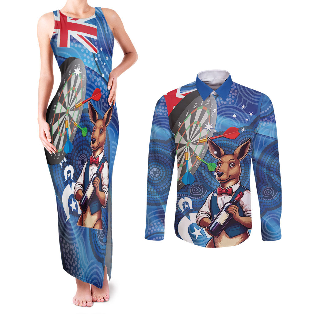 Darts NAIDOC Week 2026 Personalised Couples Matching Tank Maxi Dress and Long Sleeve Button Shirt Australia Flag Kangaroo Dhari Aboriginal Art