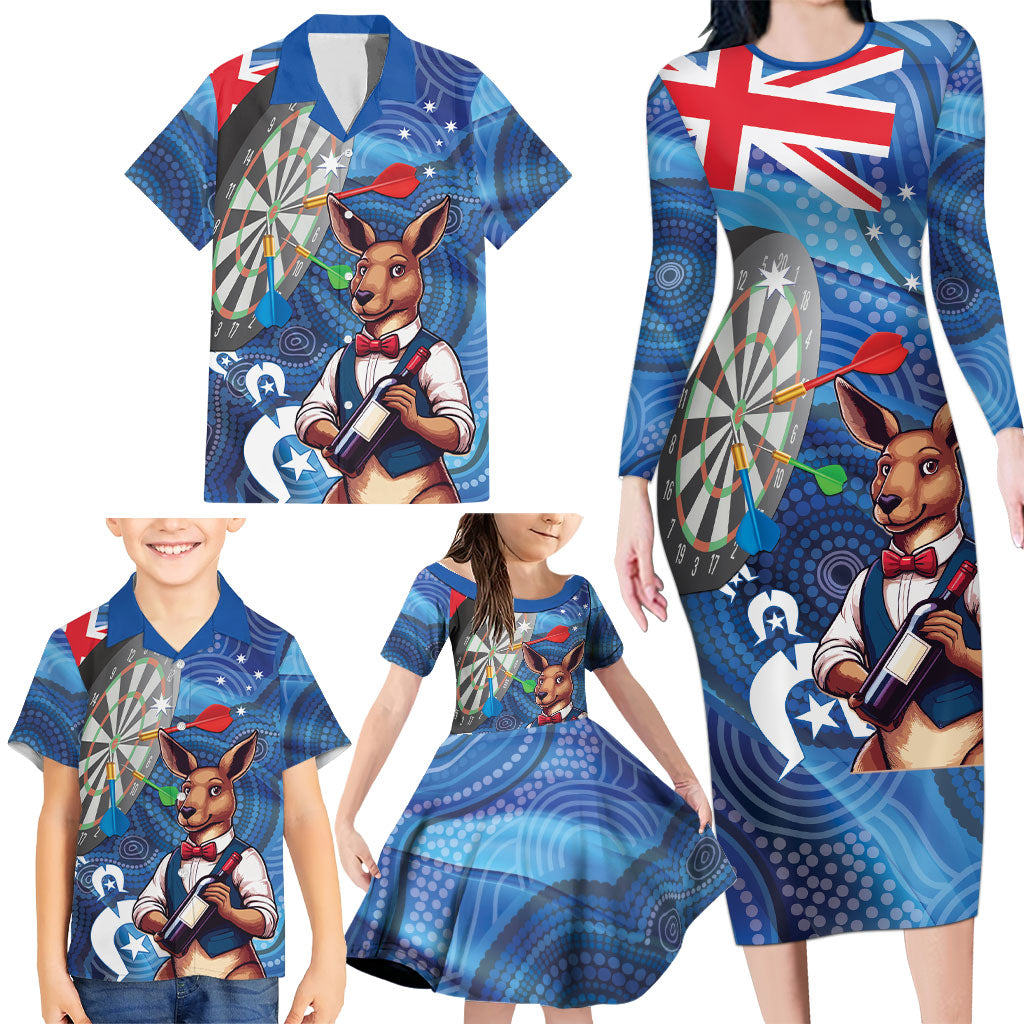 Darts NAIDOC Week 2026 Personalised Family Matching Long Sleeve Bodycon Dress and Hawaiian Shirt Australia Flag Kangaroo Dhari Aboriginal Art