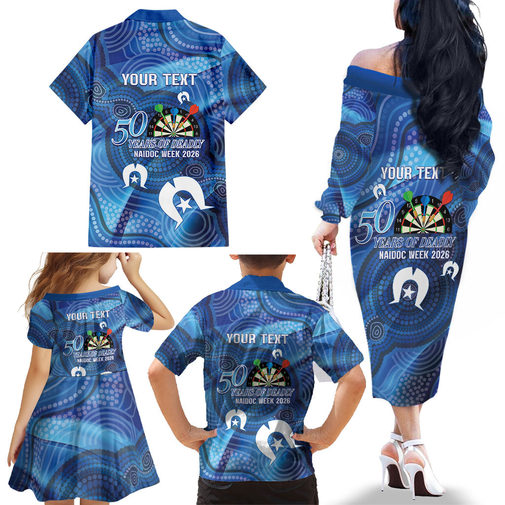Darts NAIDOC Week 2026 Personalised Family Matching Off The Shoulder Long Sleeve Dress and Hawaiian Shirt Australia Flag Kangaroo Dhari Aboriginal Art