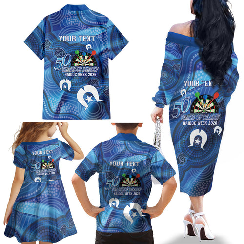 Darts NAIDOC Week 2026 Personalised Family Matching Off The Shoulder Long Sleeve Dress and Hawaiian Shirt Australia Flag Kangaroo Dhari Aboriginal Art